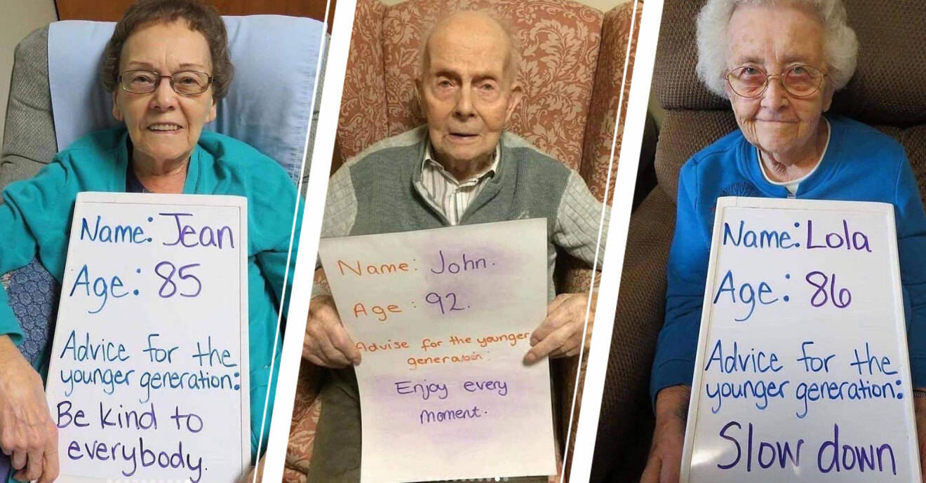 Tre stycken äldre håller upp skyltar med deras bästa livsråd på.