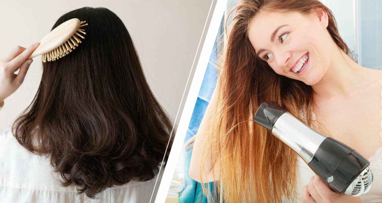 Kvinna som borstar håret och torkar med hårtork.