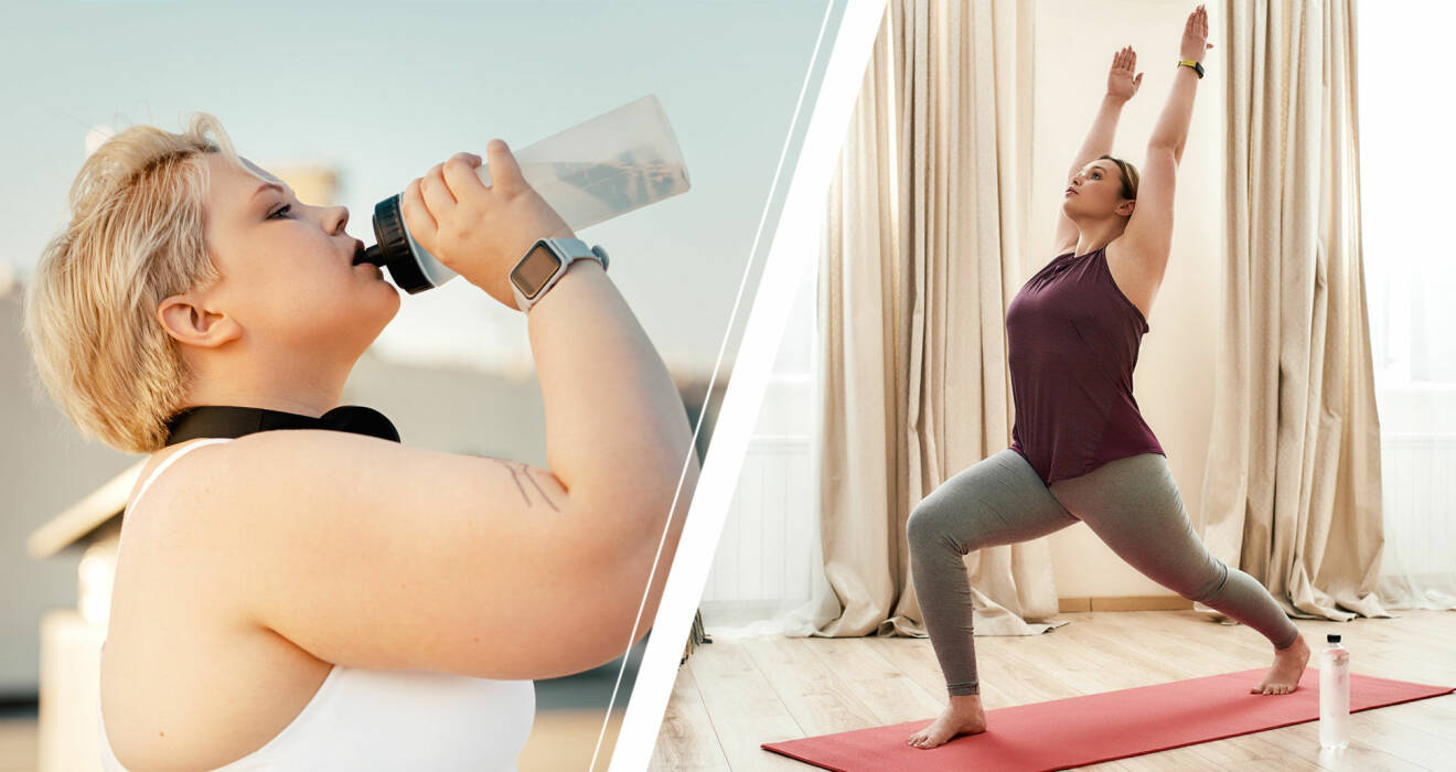 Kvinna som dricker ut vattenflask och kvinna som gör yoga.