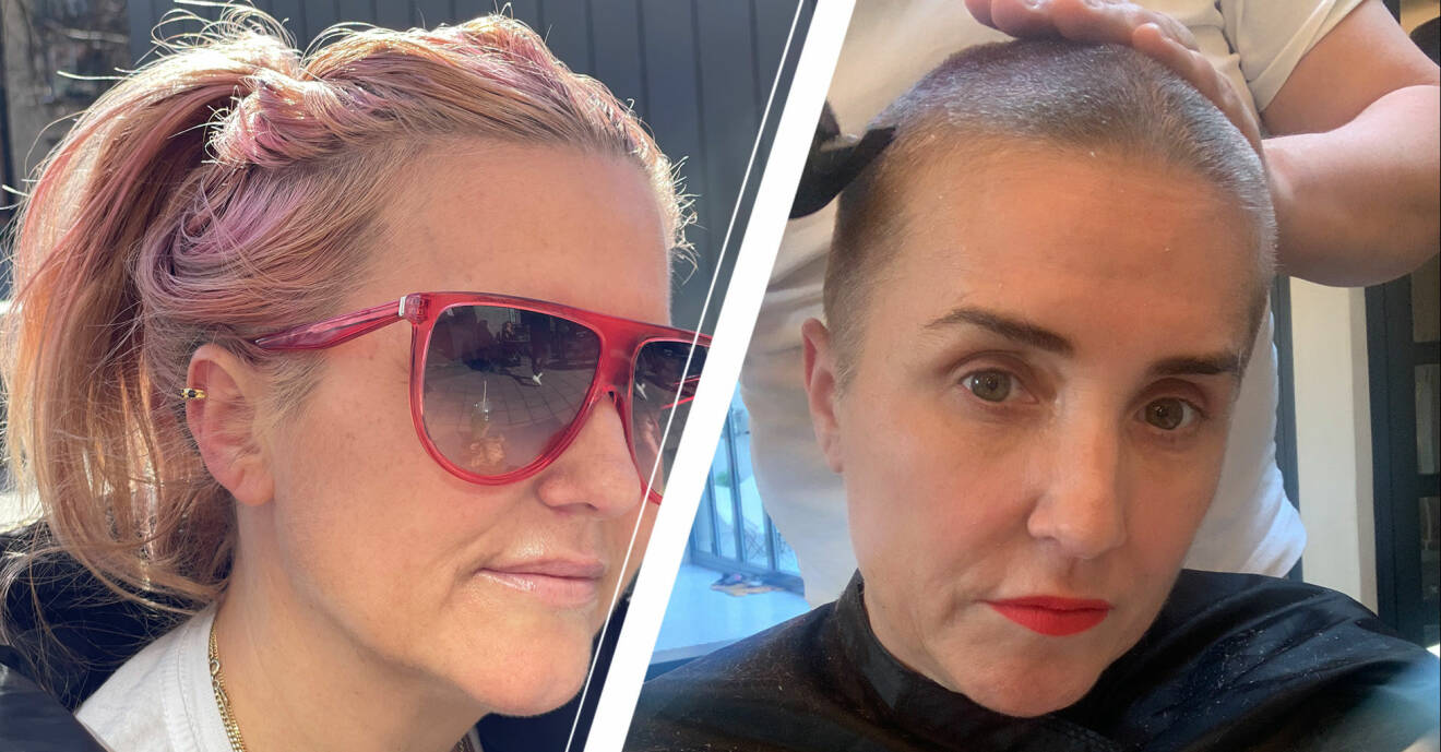 Till höger: Isabelle Monfrini innan sin behandling. Till vänster: Isabelle Monfrini under sin behandling då hon just rakat av sig håret.