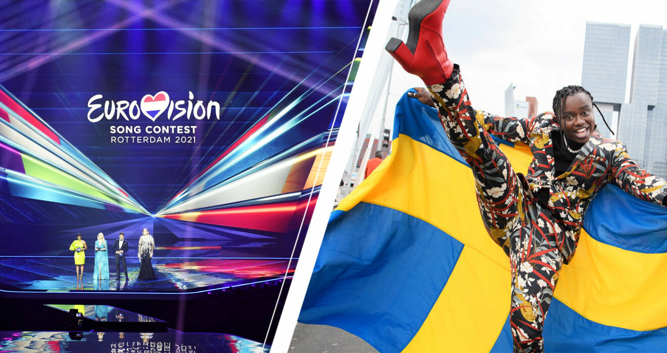 Eurovisionscenen och Tusse som står framför svenska flaggan