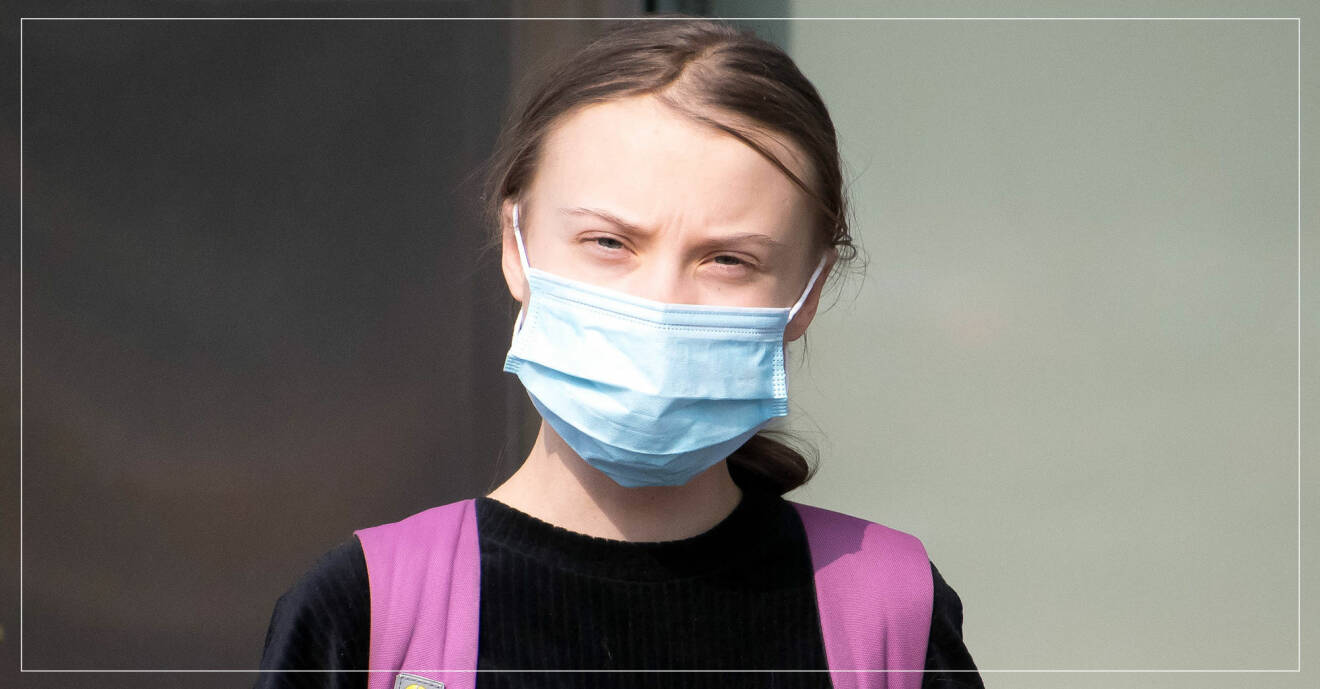 Greta Thunberg med munskydd.