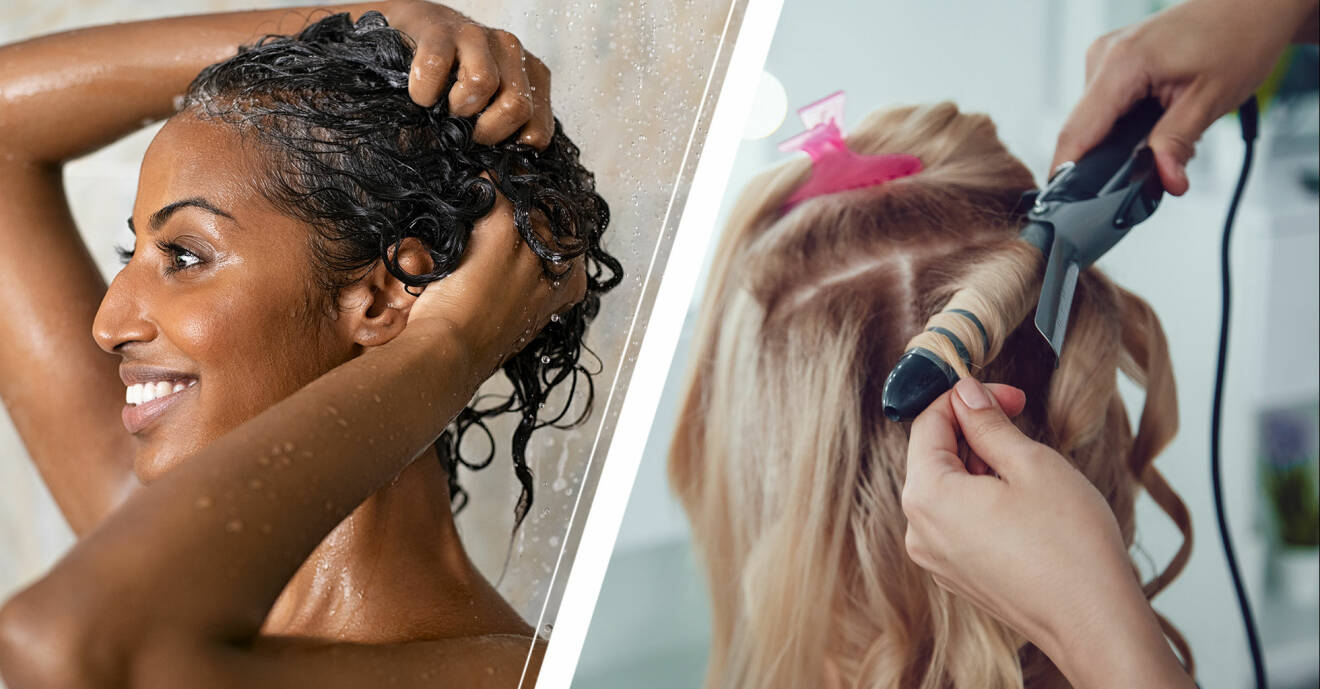 Vänster: Kvinna som tvättar sitt hår. Höger: Kvinna som lockar håret.
