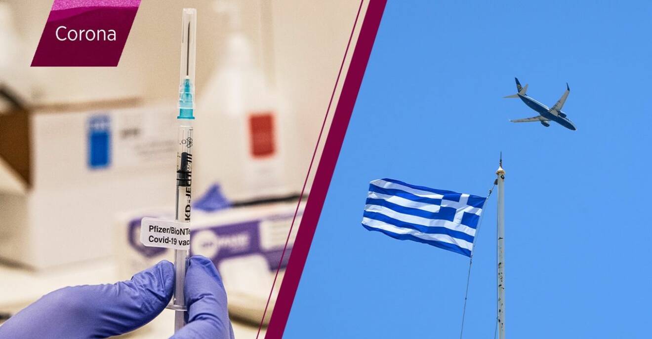 coronavaccin-spruta och flygplan vid grekisk flagga