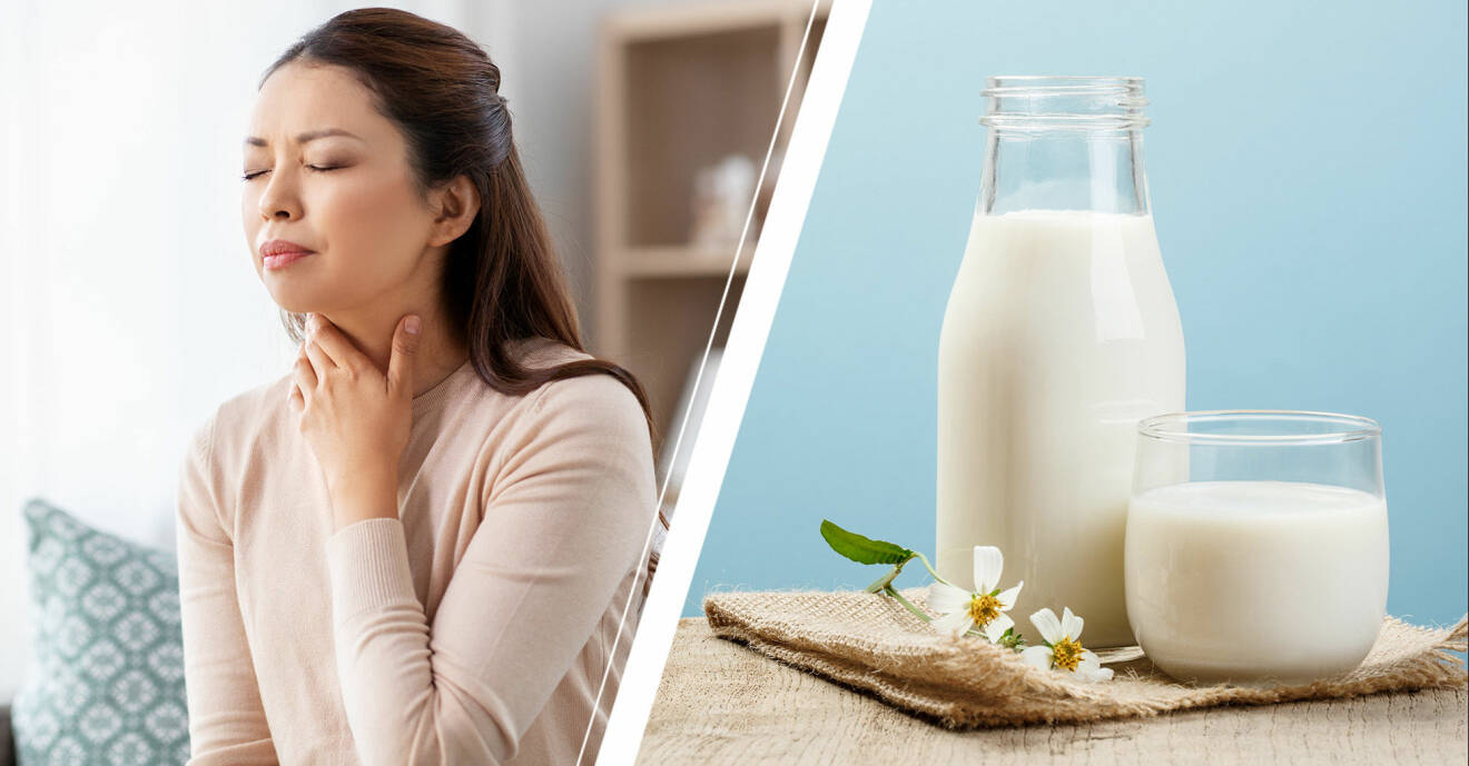 Kvinna som håller sig för halsen och ett glas mjölk