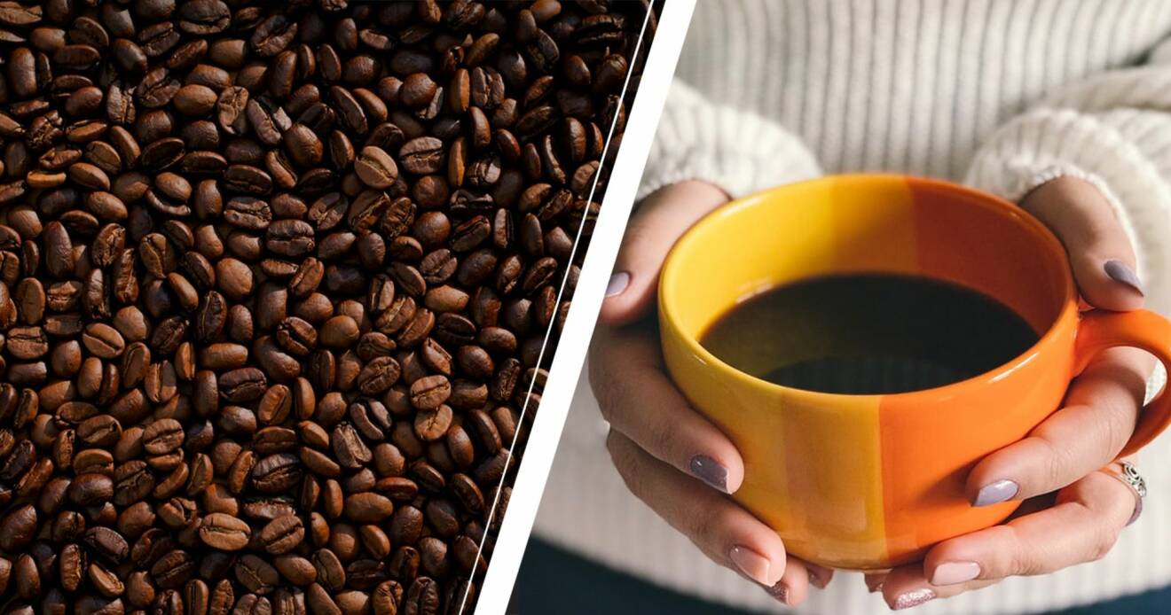 kaffebönor och en kvinna som håller i svart kaffe