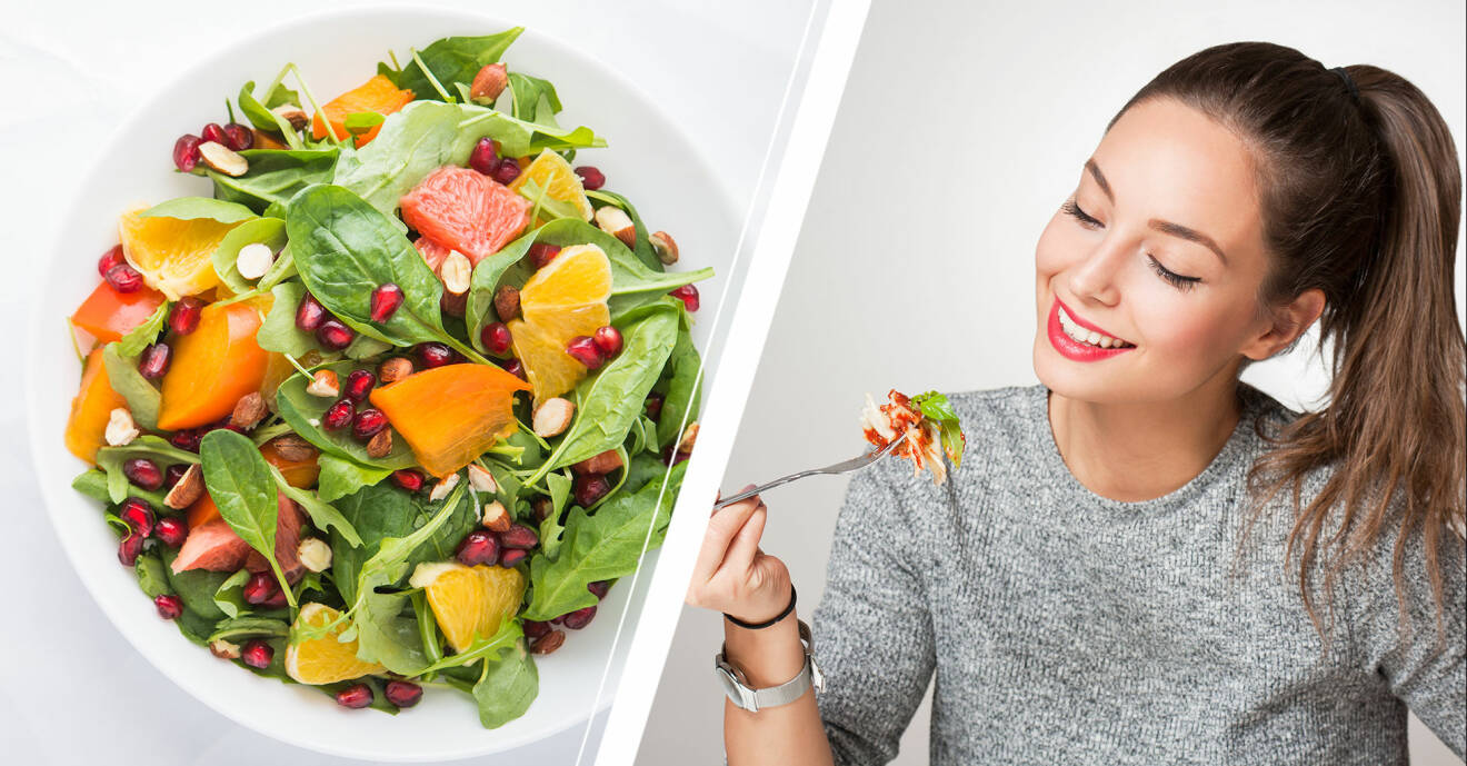 En tallrik med raw food och en kvinna som äter grönsaker.