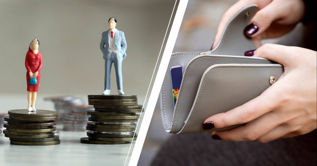 två dockor på olika högar med pengar samt kvinna som tittar i plånbok