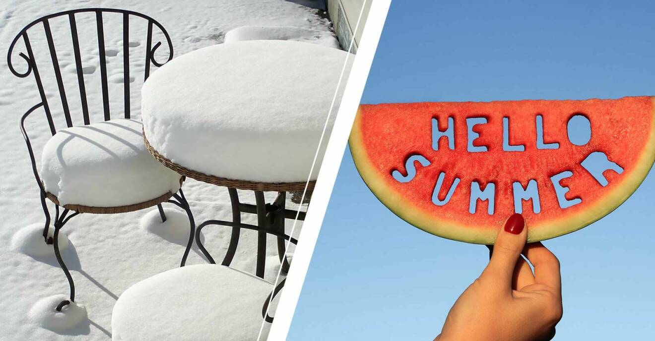 Bild på snötäckta utemöbler och en vattenmelon där det står "Hello summer"
