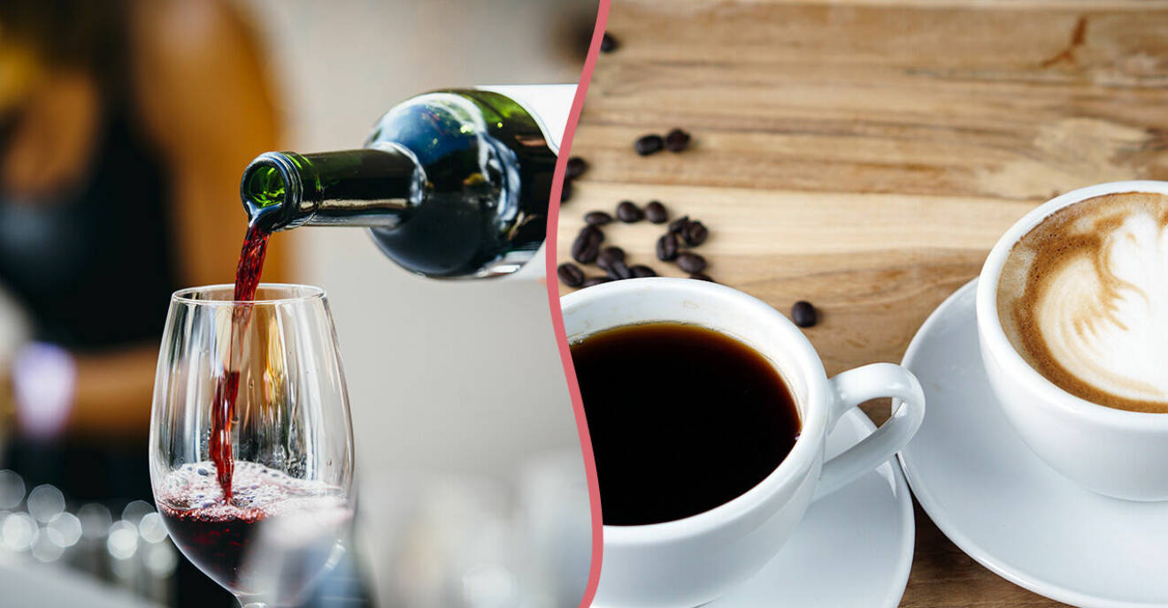 rött vin, svart kafe och cappuccino