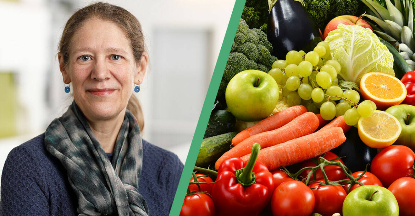 Anna Karin Lindroos från Livsmedelsverket + olika grönsaker och frukter