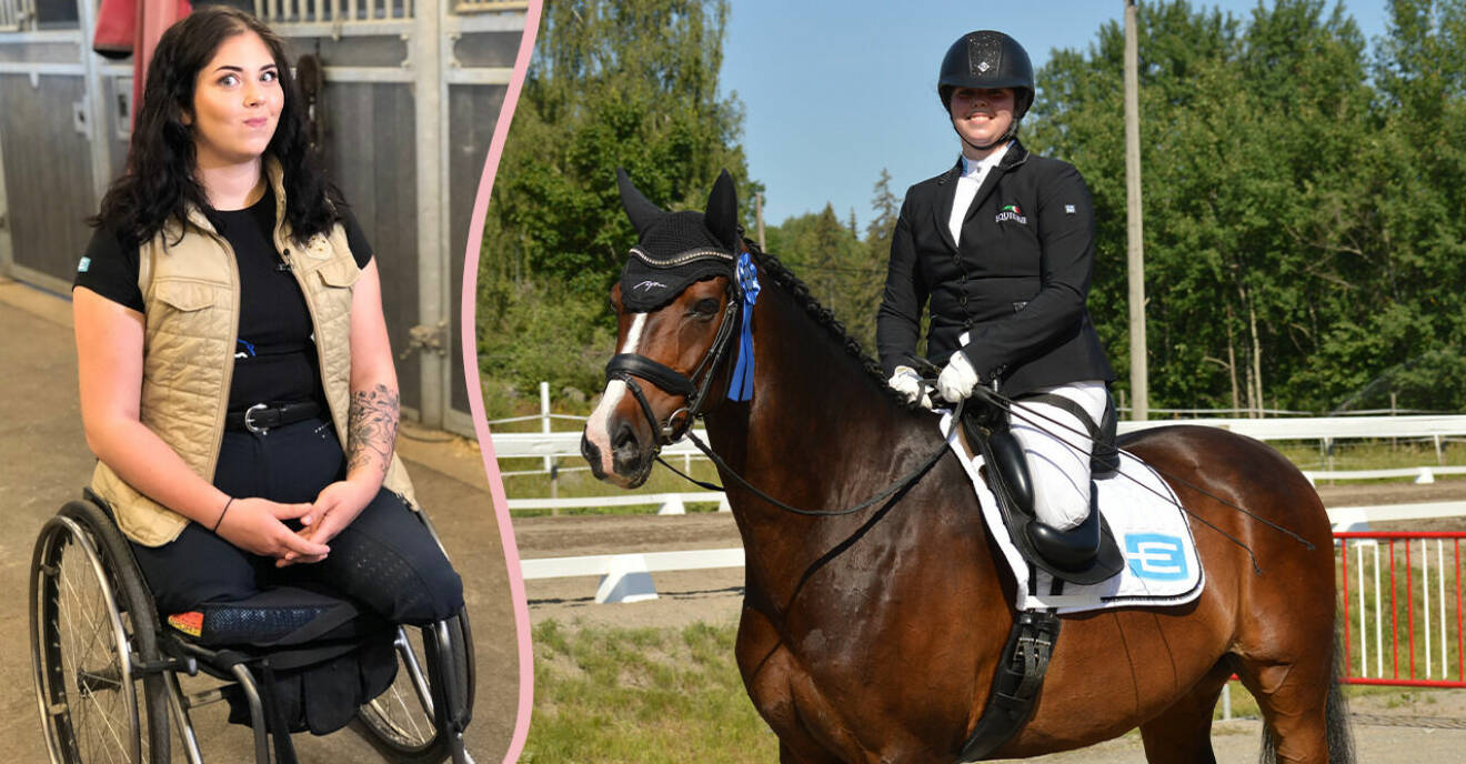 Felicia Grimmenhag i rullstolen och på hästen