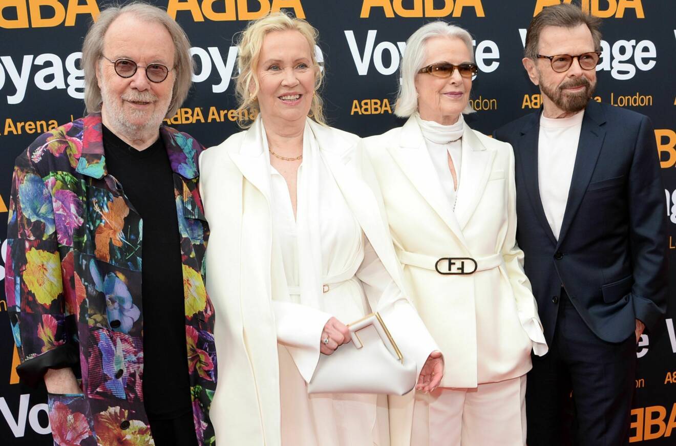 Abba-medlemmarna Benny Andersson, Agnetha Fältskog, Anni-Frid Lyngstad and Björn Ulvaeus på premiären av Abba Voyage i London, den 26 maj 2022.