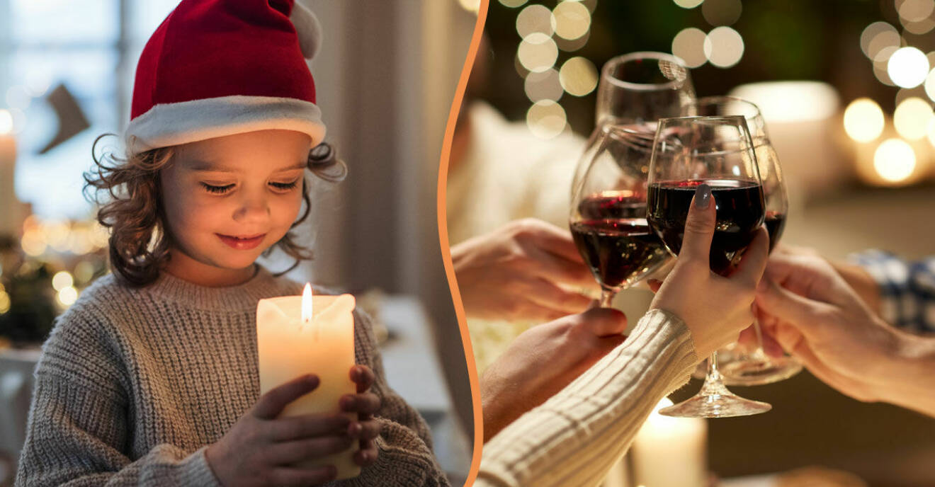 Vuxna som dricker alkohol vid jul och ett ensamt barn.