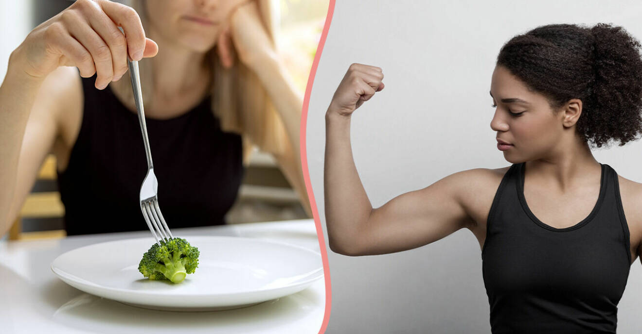 Vänster: kvinna med tallrik bara en broccolli på Höger: Kvinna som spänner sin biceps