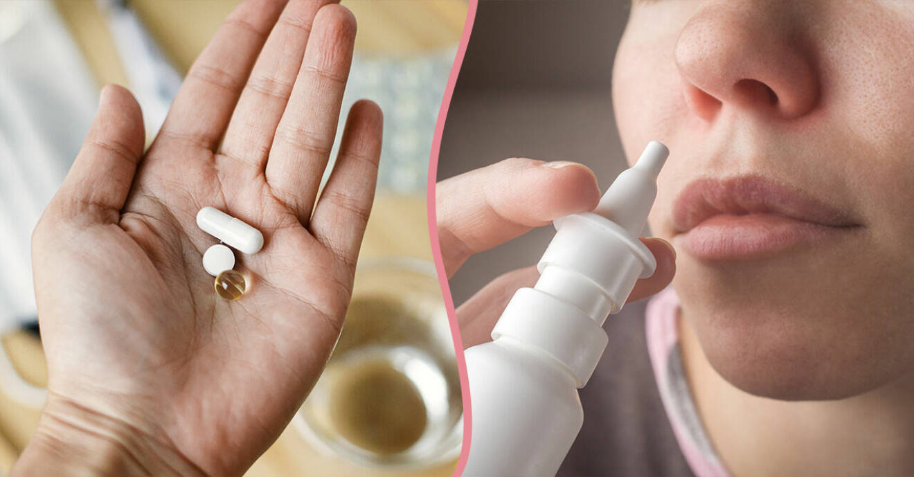 Hand med tabletter och en kvinna som tar nässpray