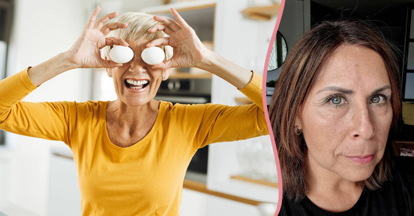 Delad bild på glad äldre kvinna som håller ägg framför ögonen, samt dietisten Jannette Grahn Vera