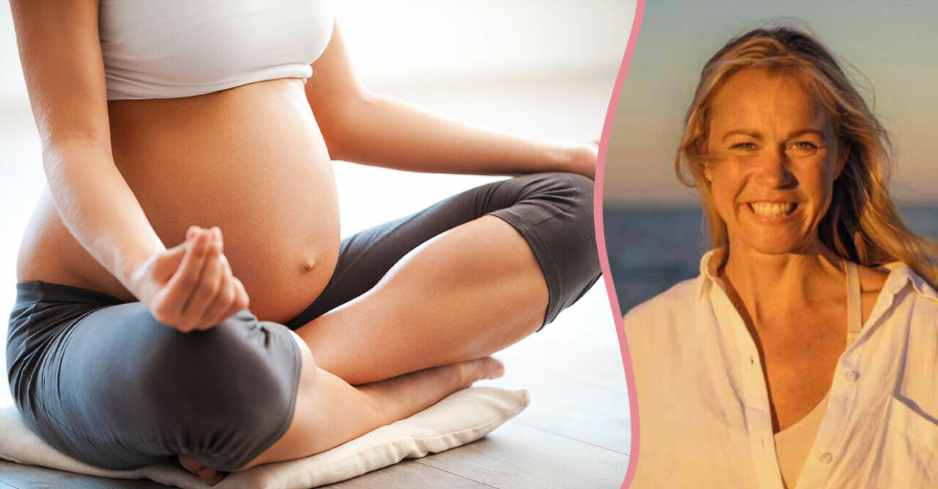 Gravid kvinna som yogar samt Josefine Bengtsson