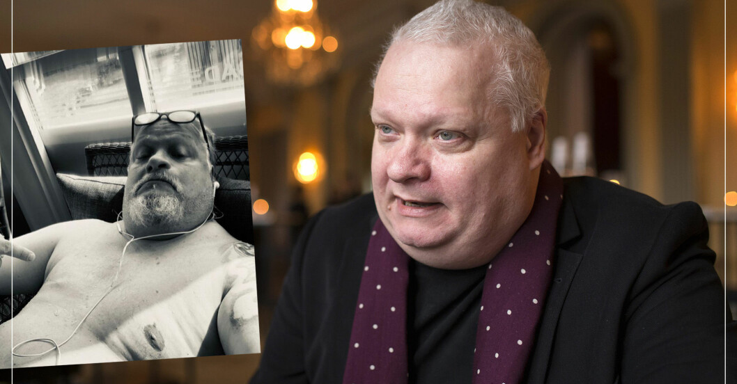 Instagramfoto på Kjell Wilhelmsen, som pekar på sitt saknade bröst efter att ha genomgått bröstcancer. Bild två på korthårig Kjell Wilhelmsen under en intervju inomhus.