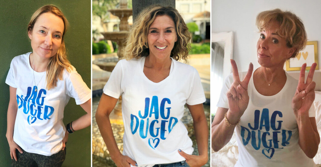 Caroline, Leila och Christina i tröjorna till kampanjen Jag Duger.