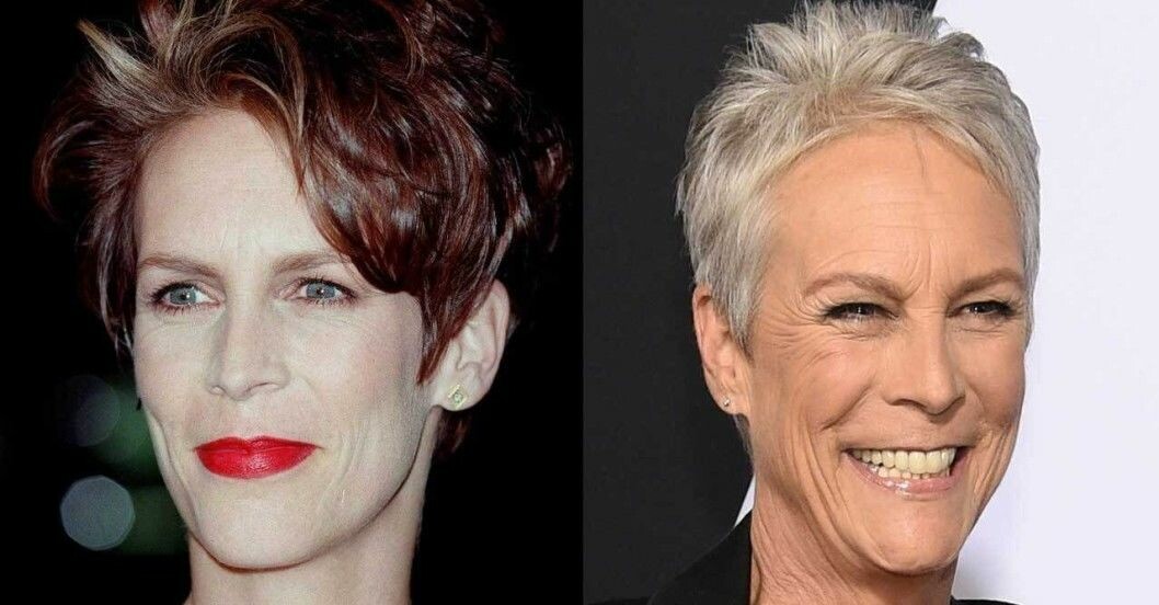 Jamie Lee Curtis med färgat och grått hår