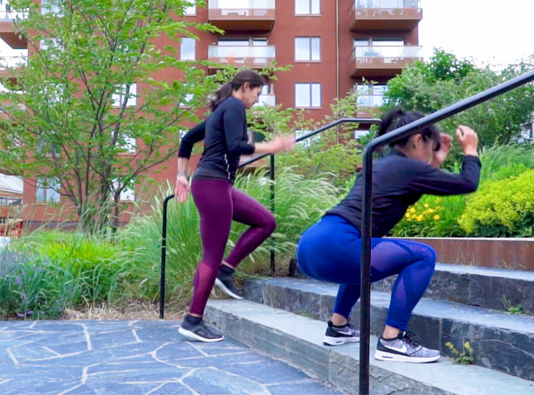 Jumpsquats med puls och snabba steg – HIIT-pass i trappa