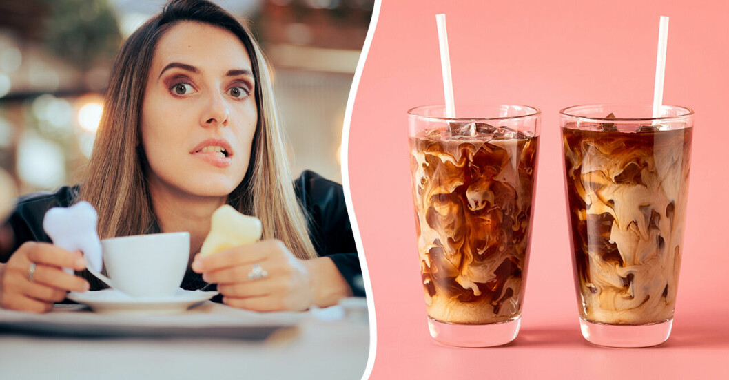Splitbild: Kvinna är orolig för missfärgade tänder och två kaffe med mjölk med sugrör i