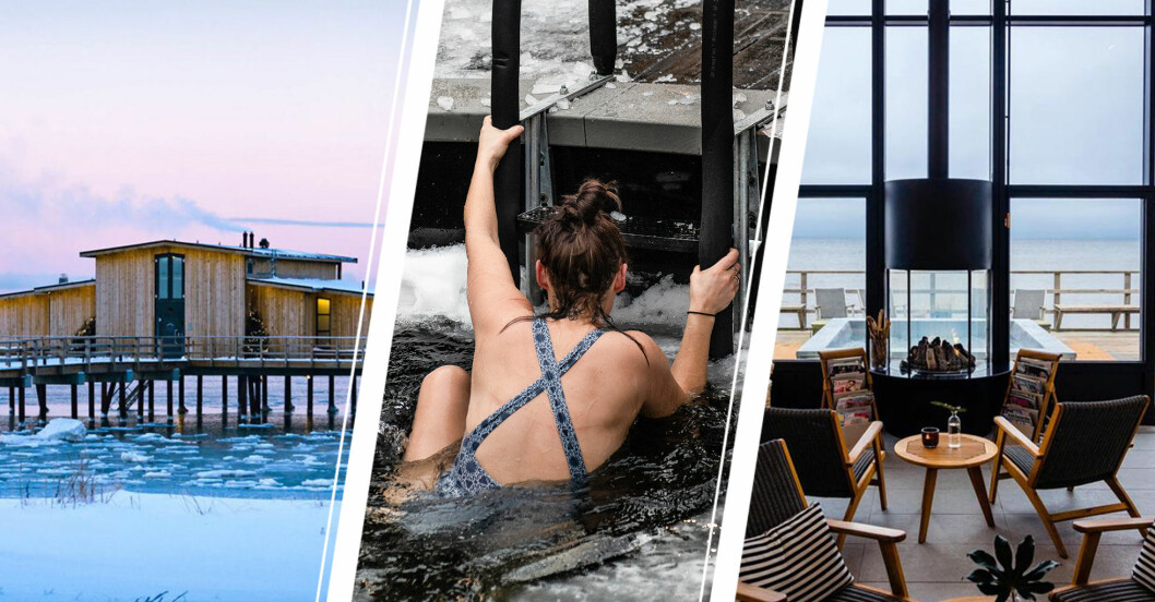 båstad kallbadhus, kvinna som badar och relaxavdelning med brasa