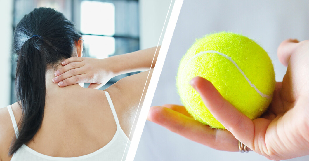 kvinna är stel i nacken men löser muskelknutor med tennisboll