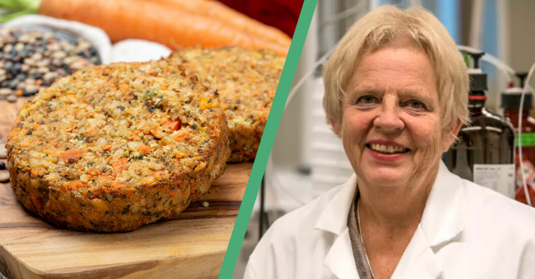 En vegetarisk burgare och Ann-Sofie Sandberg, professor i livsmedelsvetenskap vid Chalmers tekniska högskola.