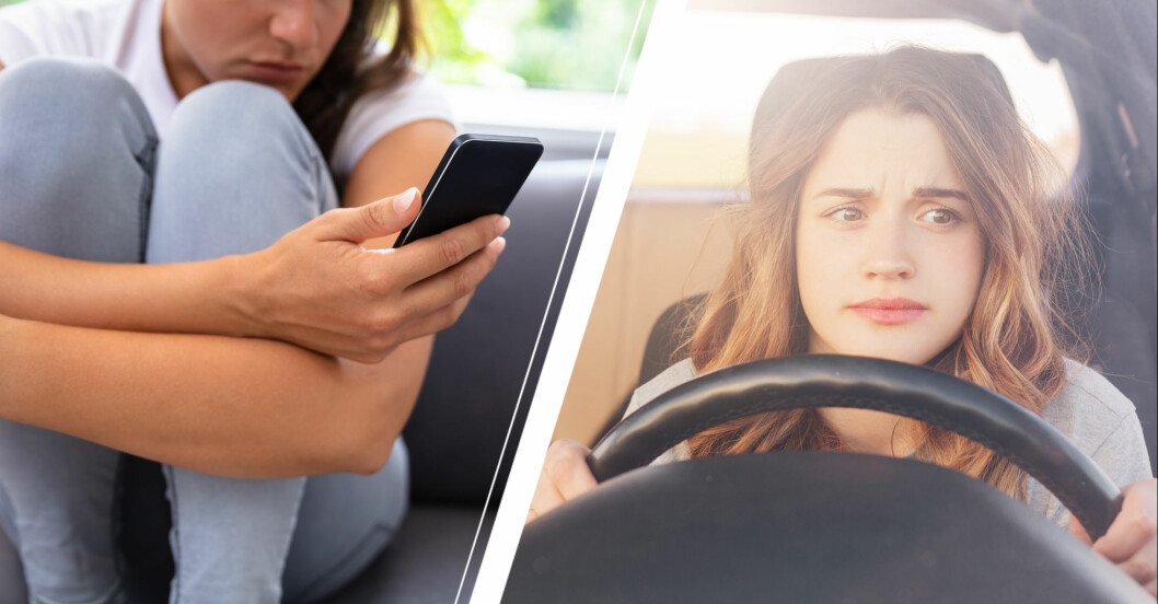 Kvinna med mobil och kvinna som kör bil med ångest.