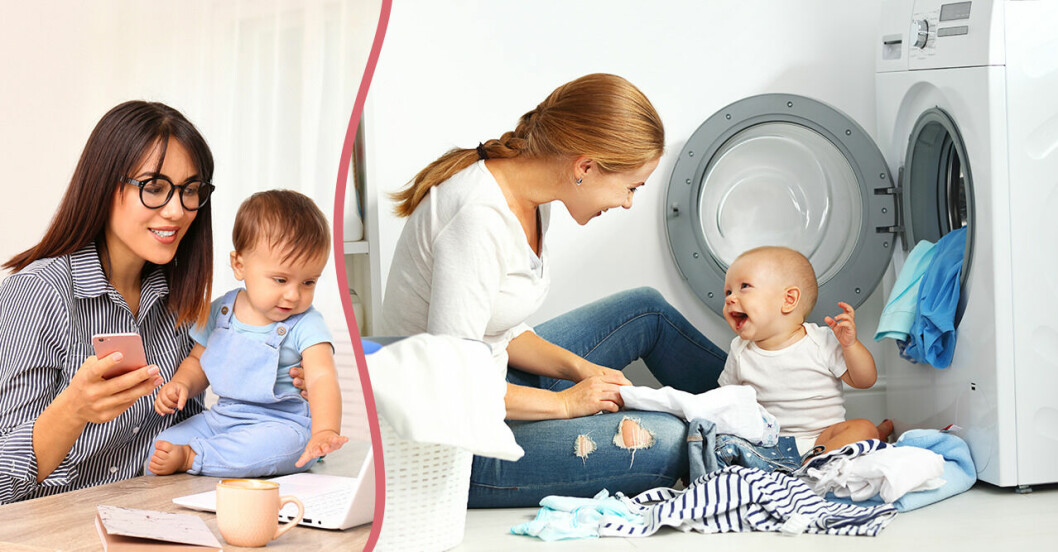 kvinnor som tar hand om barn samtidigt som de jobbar eller tvättar/städar