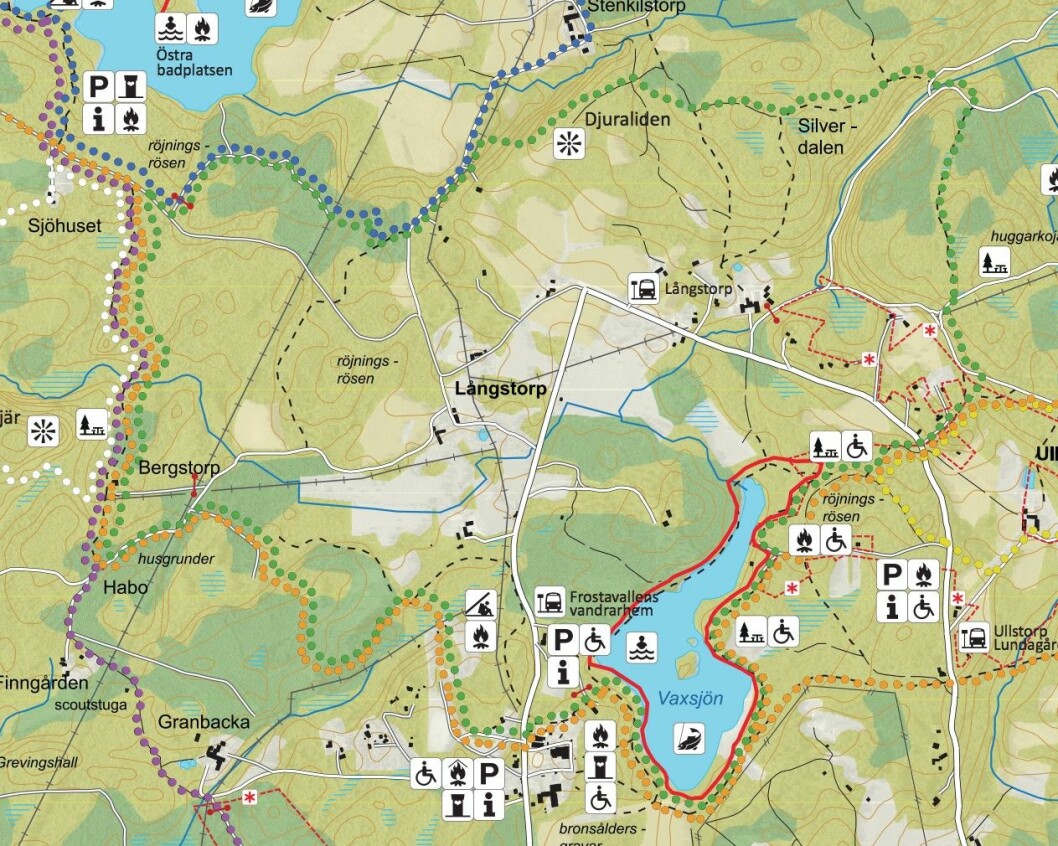 Långtorpsslingan är markerad med gröna prickar. <a href="https://www.skanskalandskap.se/media/3689/kartfolder-frostavallen-2019.pdf" target="_blank" rel="noopener">Se större karta här.</a> Långtorpsslingan
