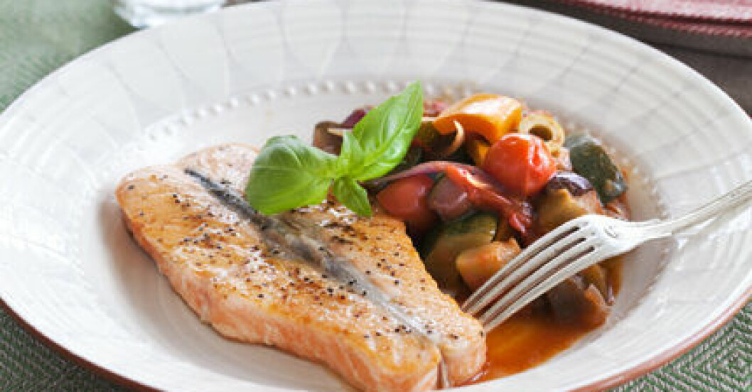 Laxfjäril med olivratatouille.