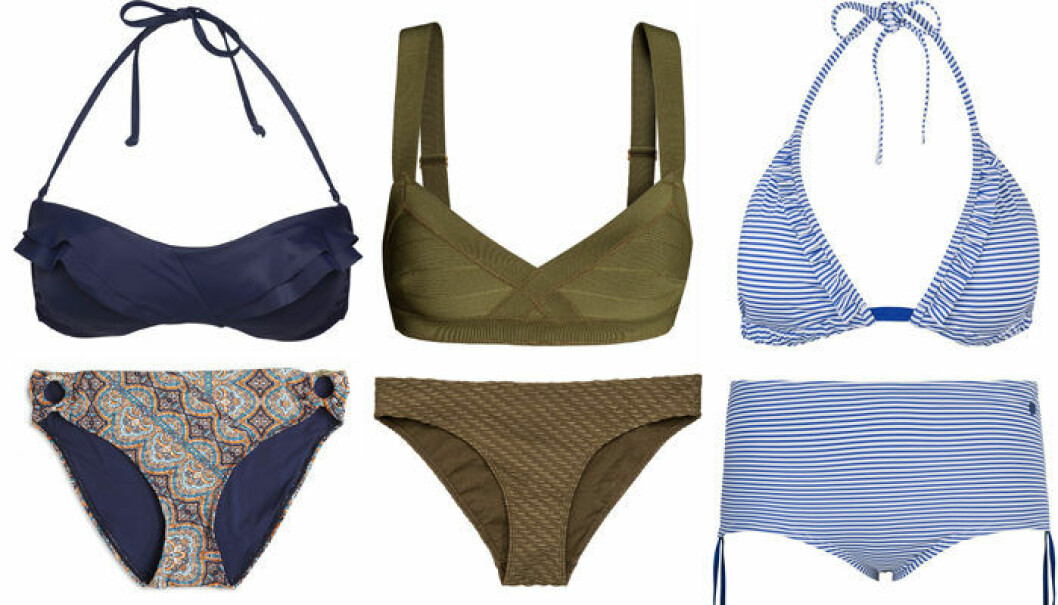 Blå överdel, XS-L, 149 kr och mönstrad byxa, 36-44, 129 kr , <a href="http://www.lindex.com/se/underklaeder/badklaeder/7398994/Bikini-bh-bandeau/?styleId=81112235">Lindex</a>. Grön överdel, 34-44, 179 kr och byxa, 34-42, 129 kr, <a href="http://www.hm.com/se/product/86398?article=86398-E">H&M</a>. Randig överdel, S-Xl, 249 kr och byxa, S-XL, 249 kr, <a href="https://www.twilfit.se/bad/bikini/bikinioverdel-triangle-ester/">Twilfit.</a> Bikinis för liten byst från Lindex, H&M och Twilfit.