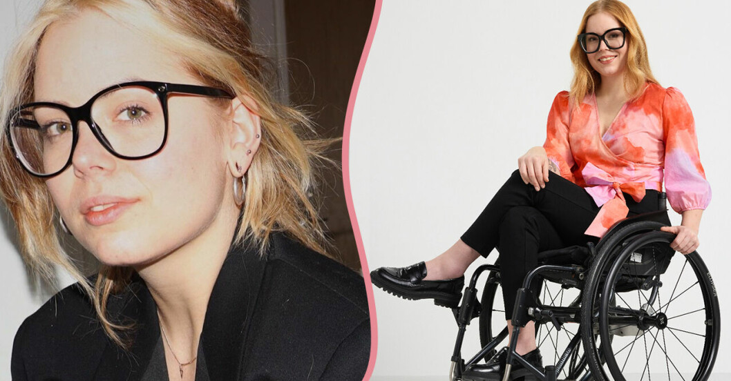 Splitbild: Louise Linderoth och Louise Linderoth i rullstol för Lindex kampanj