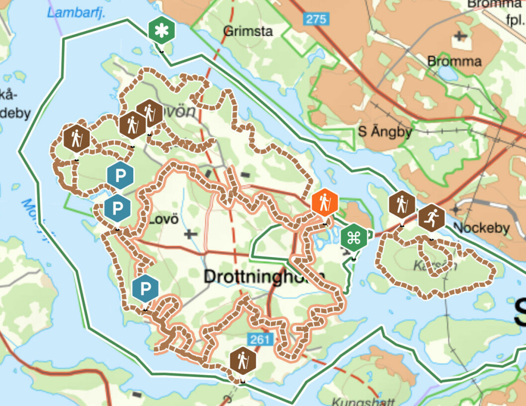 Den markerade rutten är Fornstigen. <a href="https://naturkartan.se/sv/stockholmslan/fornstigen">Se större karta här!</a> Lovön, Fornstigen.