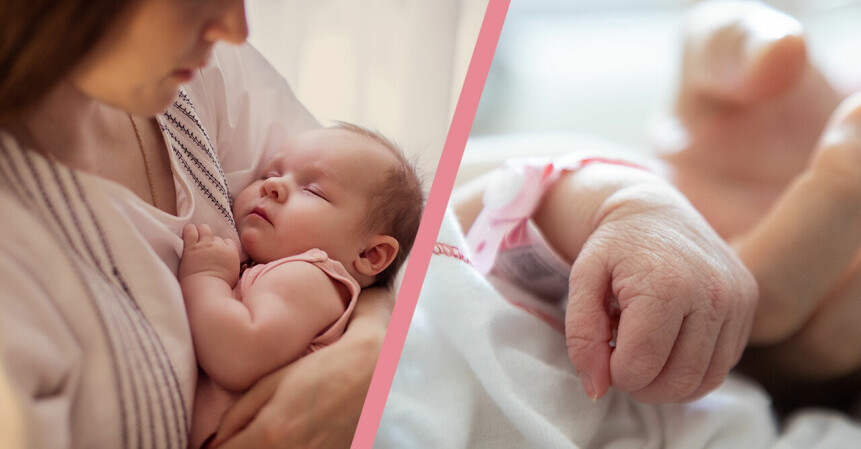 splitbild där en bild visar en mamma som har ett barn i famnen och en bild på bebishänder
