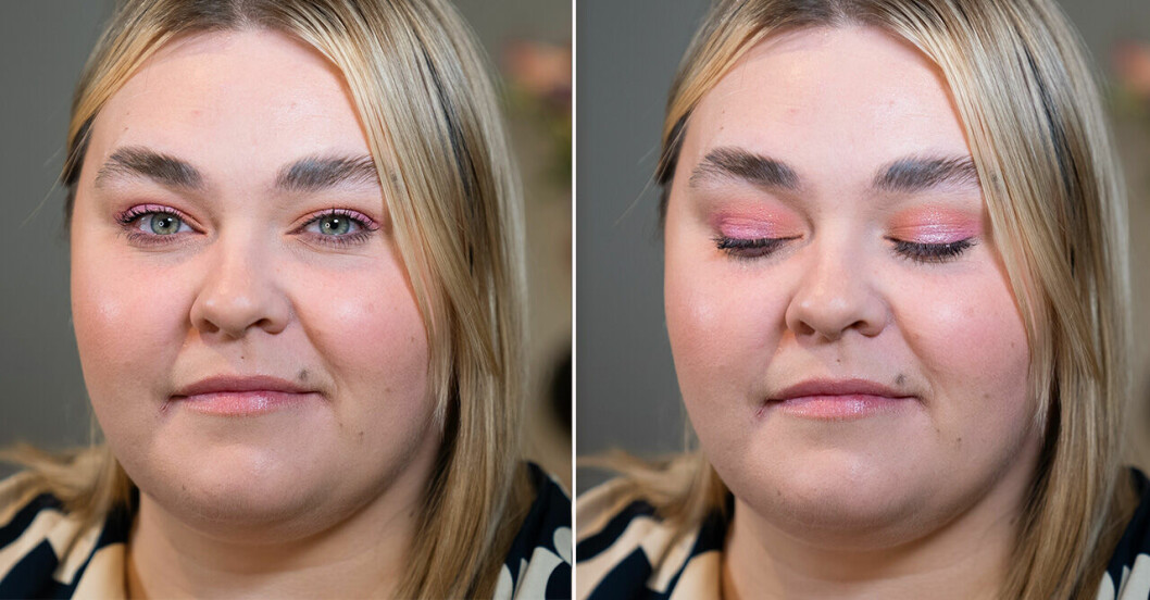 närbild på Margaretas rosa sminkning