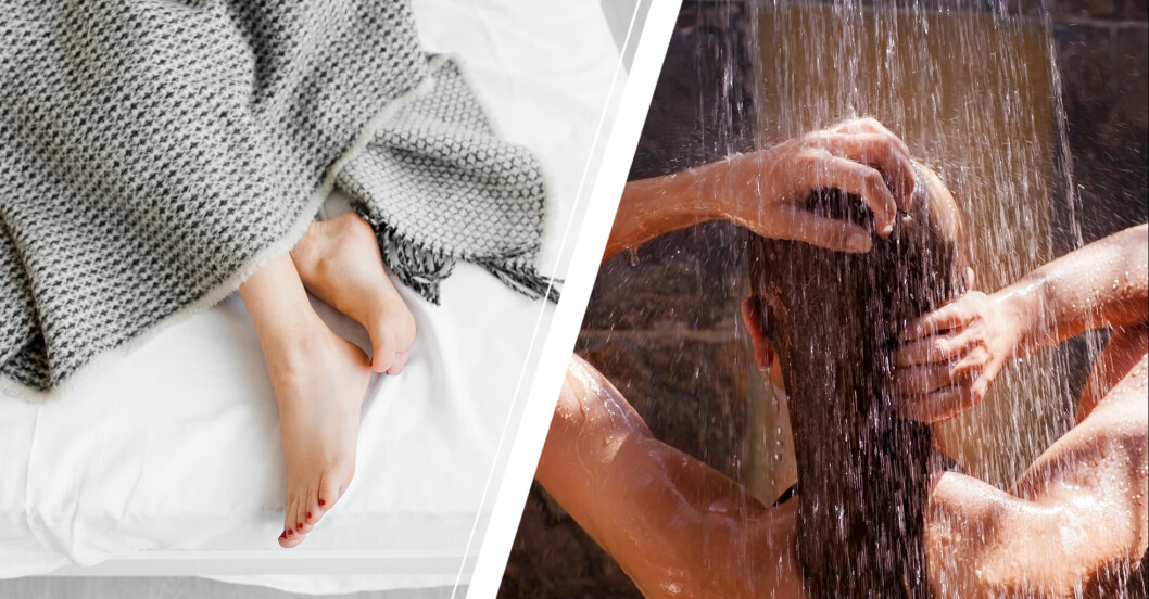 Vänster: Fötter i en säng. Höger: Kvinna som duschar.
