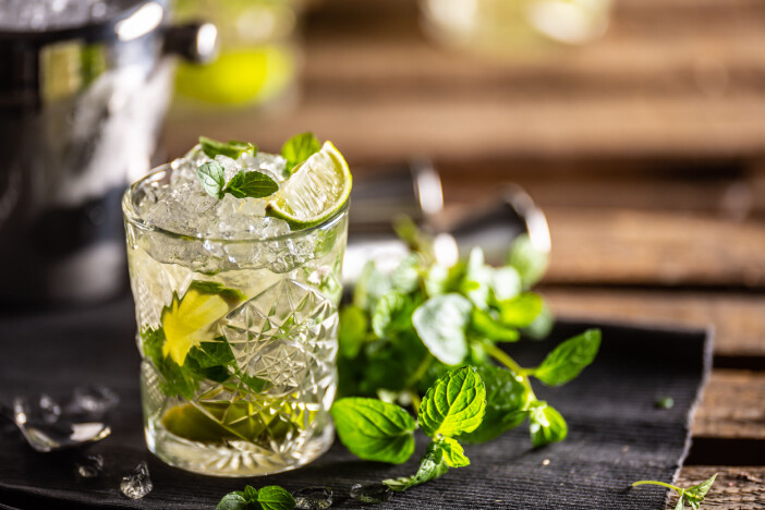 En mojitio innehåller krossad is, mynta, pressad limejuice, sockerlag och vit rom – om den görs med alkohol. Mojito