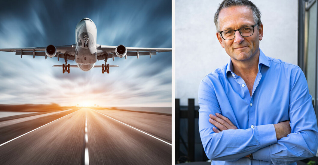 Flygplan startar intill bild på doktor MIchael Mosley