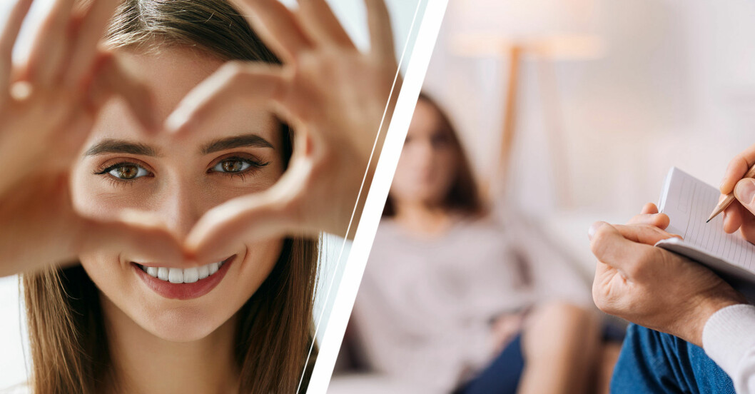 Närbild på en kvinnas ansikte där fokuset ligger på hennes ögon samt en bild från en terapistund där terapeuten antecknar.