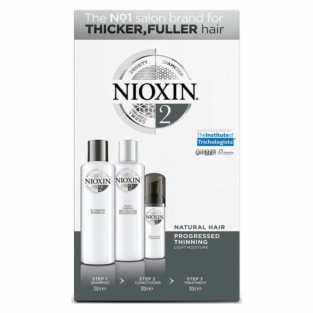 Hårkit från Nioxin, 649 kronor. <a href="https://track.adtraction.com/t/t?a=1117786221&as=1213658115&t=2&tk=1&epi=langre-har&url=https://www.lyko.se/nioxin/nioxin-care-loyaltykit-system-2" target="_blank" rel="noopener">Här kan du köpa det</a>. Nioxin för tjockare fylligare hår