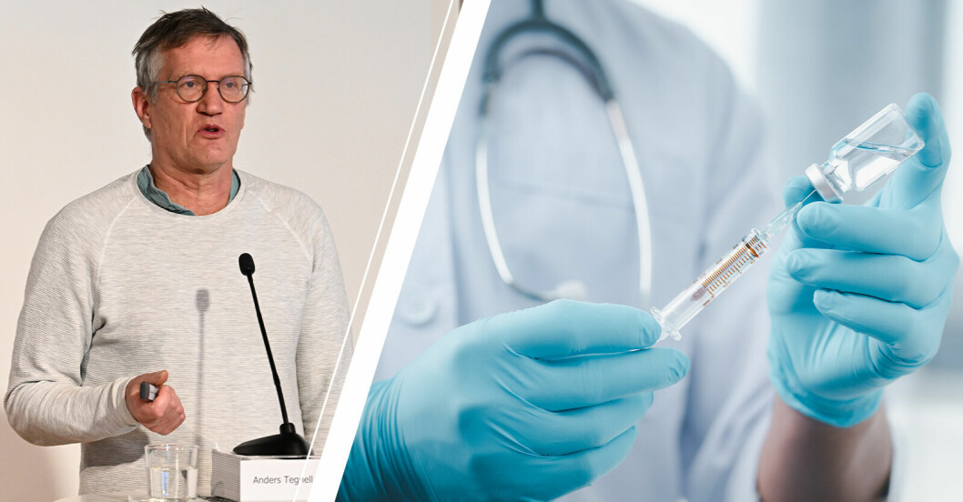 Anders Tegnell på pressträff och en sjukvåradre som doserar vaccin