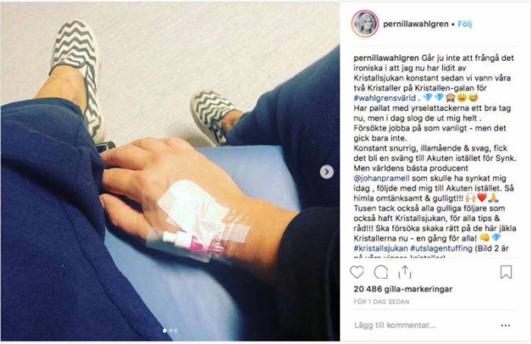 Lägesrapport från akuten på Pernilla Wahlgrens Instagram. Bild: Instagram Pernilla Wahlgren drabbad av kristallsjuka