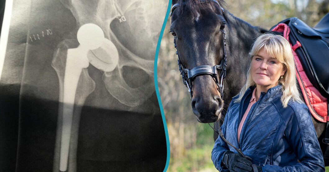 Röntgenbild av Pernillas trasiga höft och Pernilla med sin häst