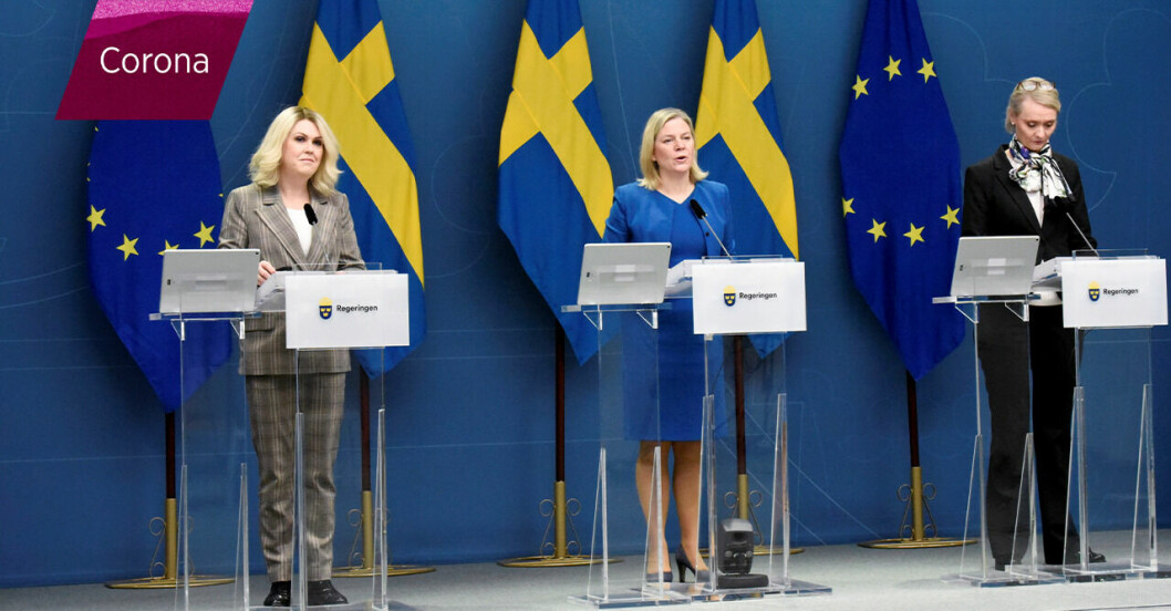 Lena Hallengren, Magdalena Andersson, Karin Tegmark Wisell på torsdagens pressträff.