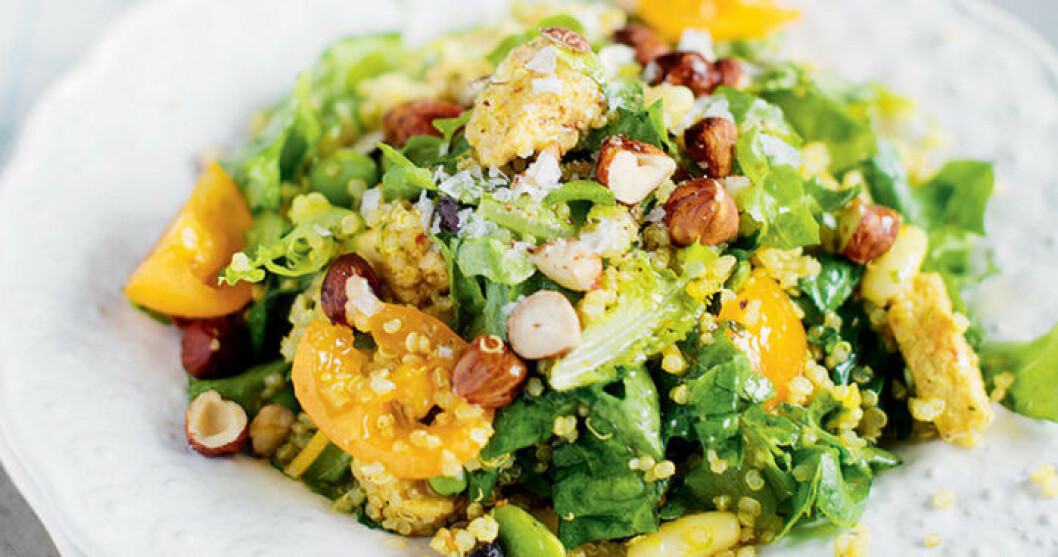 En sallad går att variera i all oändlighet. Quinoa- och quornsallad med bönor och nötter.