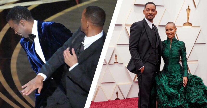 Till vänster, Will Smith slår Chris Rock på scenen under Oscarsgalan, till höger Will Smith tillsammans med sin fru Jada Pinkett Smith.